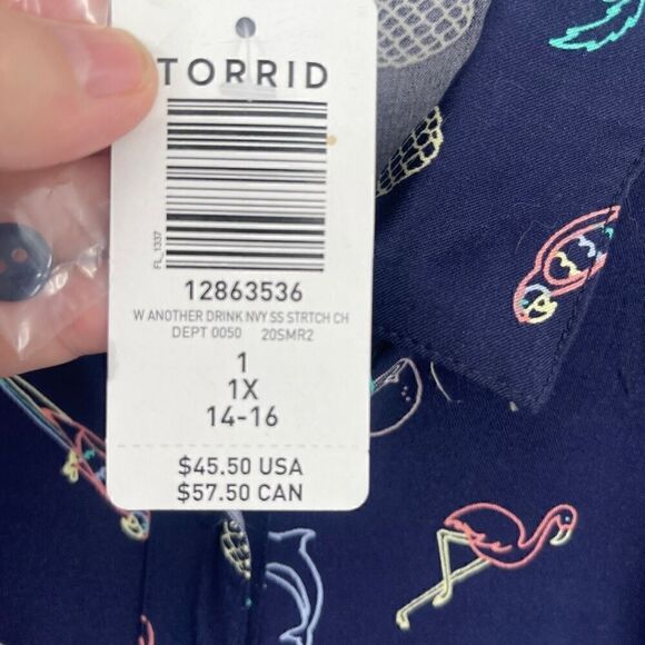 NWT Torrid Navy Blue Short Sleeve Summer Tropical Print Button Up Blouse Size 1 - Picture 3 of 7